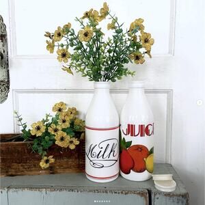 Vintage Egizia Italy Opaque White Milk Glass Bottles Rubber Lids MILK JUICE PAIR